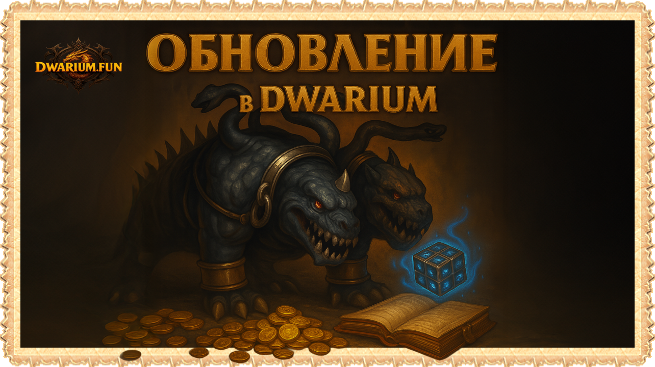 Dwarium, обновление, фэнтези, цербер, трёхголовый монстр, магия, светящийся артефакт, куб, книга заклинаний, золото, лут, RPG, MMORPG, подземелья, боссы, магический куб, иллюстрация, арт, промо, внутриигровой ивент, стиль Легенда: Наследие Драконов, темное фэнтези. Dwarium, update, fantasy, cerberus, three-headed monster, magic, glowing artifact, cube, spellbook, gold, loot, RPG, MMORPG, dungeons, bosses, magical cube, illustration, artwork, promo, in-game event, Legend: Legacy of the Dragons style, dark fantasy.